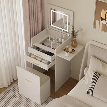 Small Vanity with Chair 3 in 1 Vanity Desk with Flip Top Mirror | White Small Makeup Table Set with Fold-up Panel &