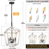 4 Light Rustic Chandelier, Farmhouse Lantern Fixture with Brushed White Oak Cage and Adjustable Chain, E12 Base Geometric Hanging Light Fixture Ceiling lighting for Entryway Kitchen Island, Indoor Use A128-B0C14G3X6J