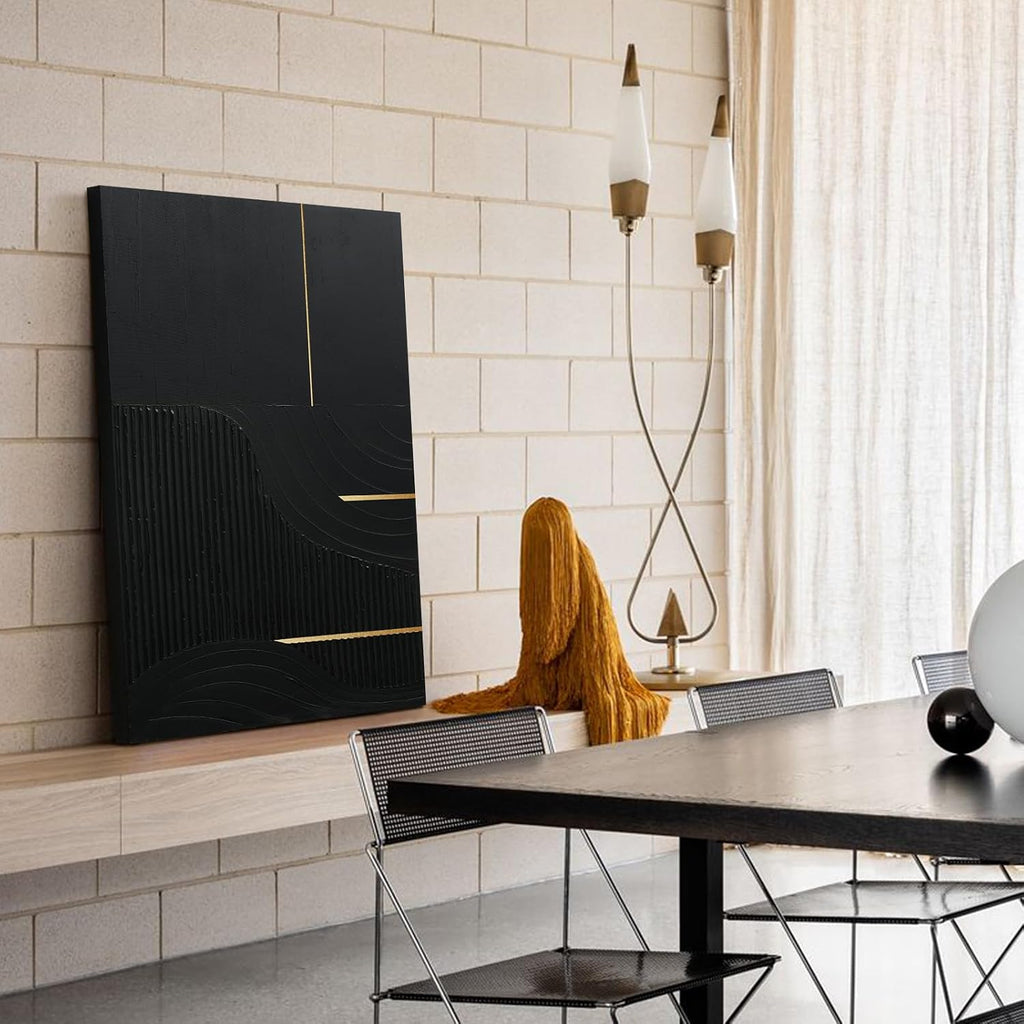 Hand-Painted Black & Gold Abstract Wall Art, Modern Textured Oil Painting | Original Canvas Artwork Bedroom