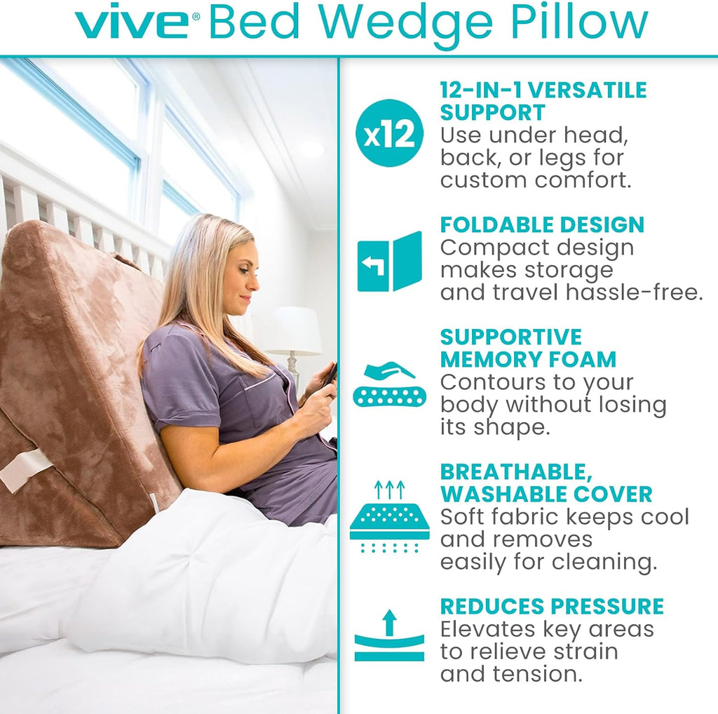 Bed Wedge Pillow for Sleeping - 12n1 For After Surgery, Sleep Apnea, Acid Reflux Relief - Headboard, Sit Up Triangle