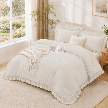 Comforter Set 3 Pieces Beige Ruffle Bedding Set