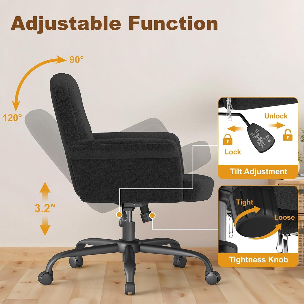 Comfy Home Office Desk Chair, Upholstered Fuzzy Vanity Chair with Wheels and Arms, Modern Adjustable Swivel Computer