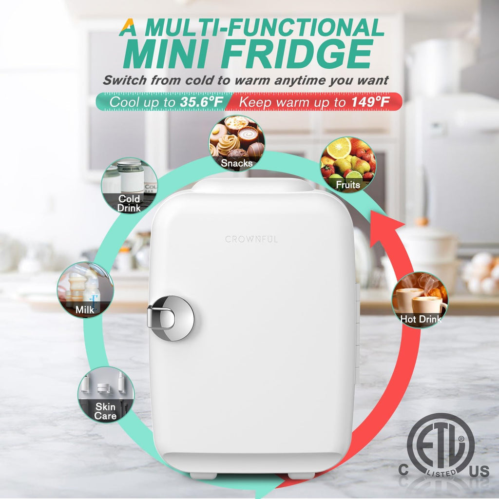 Mini Fridge, 4 Liter/6 Can Portable Cooler and Warmer Personal Refrigerator for Skin Care, Cosmetics, Beverage