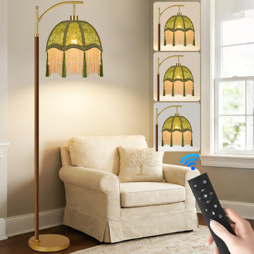 Wood Floor Lamps Arc Boho Floor Lamp with Remote Control &3 Color Temperature, Vintage Green Floor Lamp Flower Mid