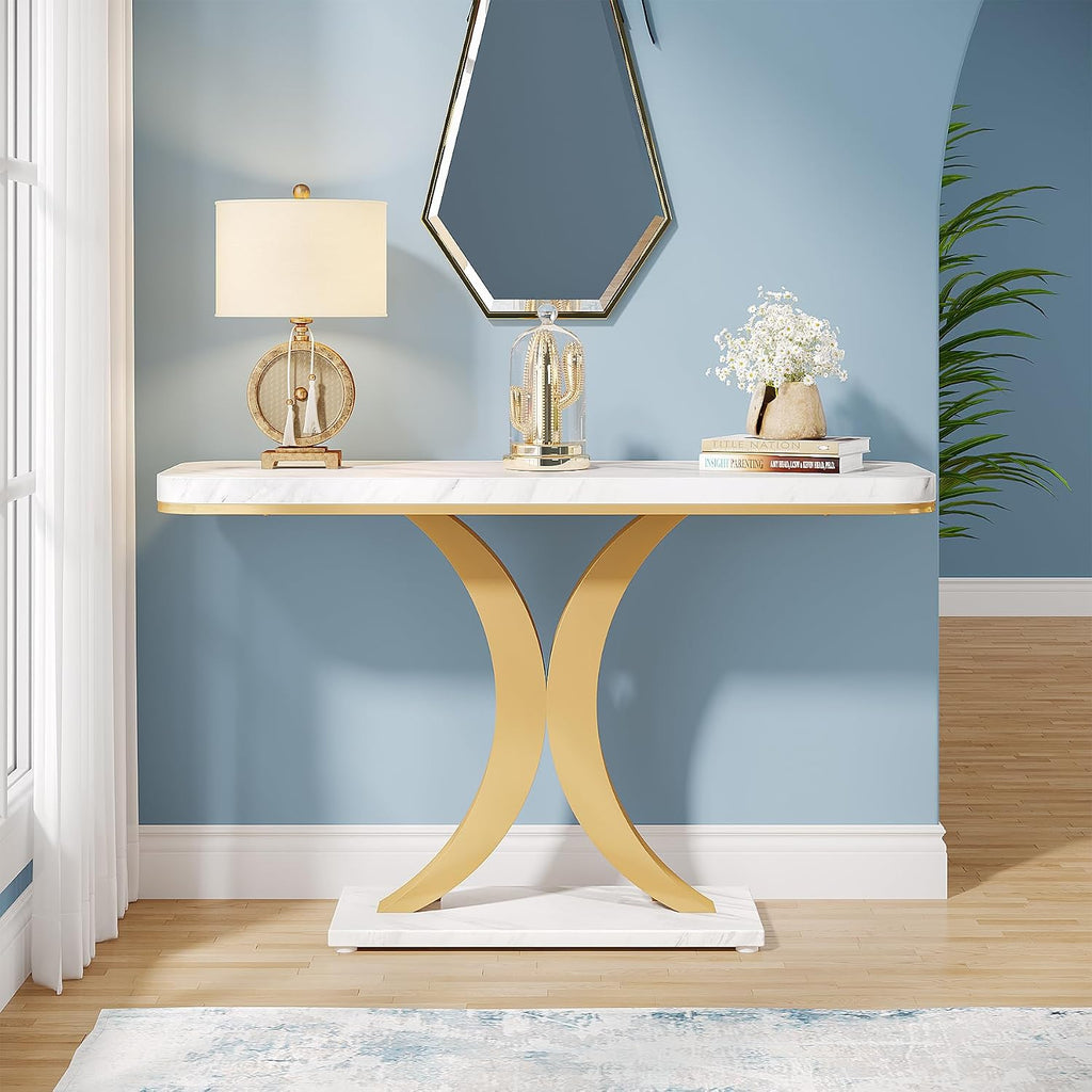 Modern Gold Console Table, 40 inch Narrow Entryway Foyer Table with Geometric Base, Rustic Hallway Accent Table