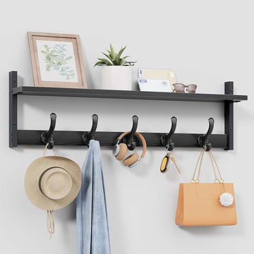 29" Rustic Coat Rack Wall Mount with Shelf, Entryway Wall Hooks with Shelf, Coat Hangers , Black