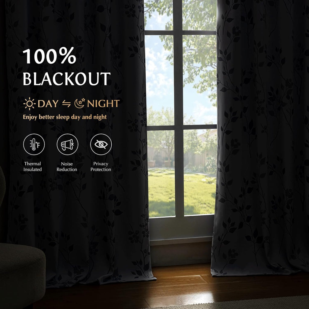 Floral 100% Blackout Curtains 2 Panels for Bedroom Living Room Grey White Flower Patterned Room