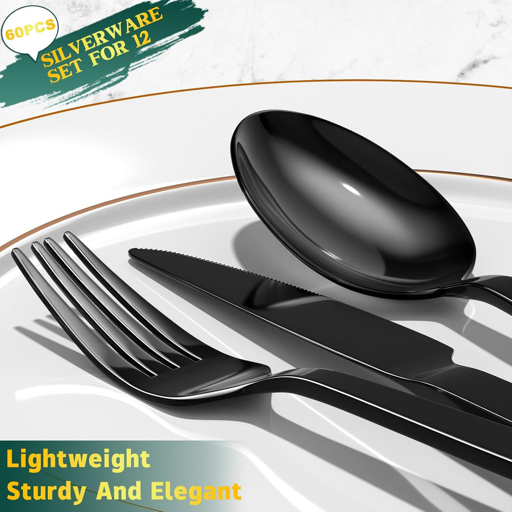 60 Pieces Black Silverware Set, Premium Stainless Steel Flatware Set for 12