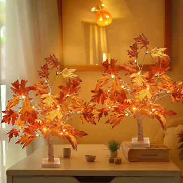 Thanksgiving Table Decor 2-Packs Maple Fall Light Up Tree w/ 24 Led 22 Inches White Artificial Tree Battery Operated