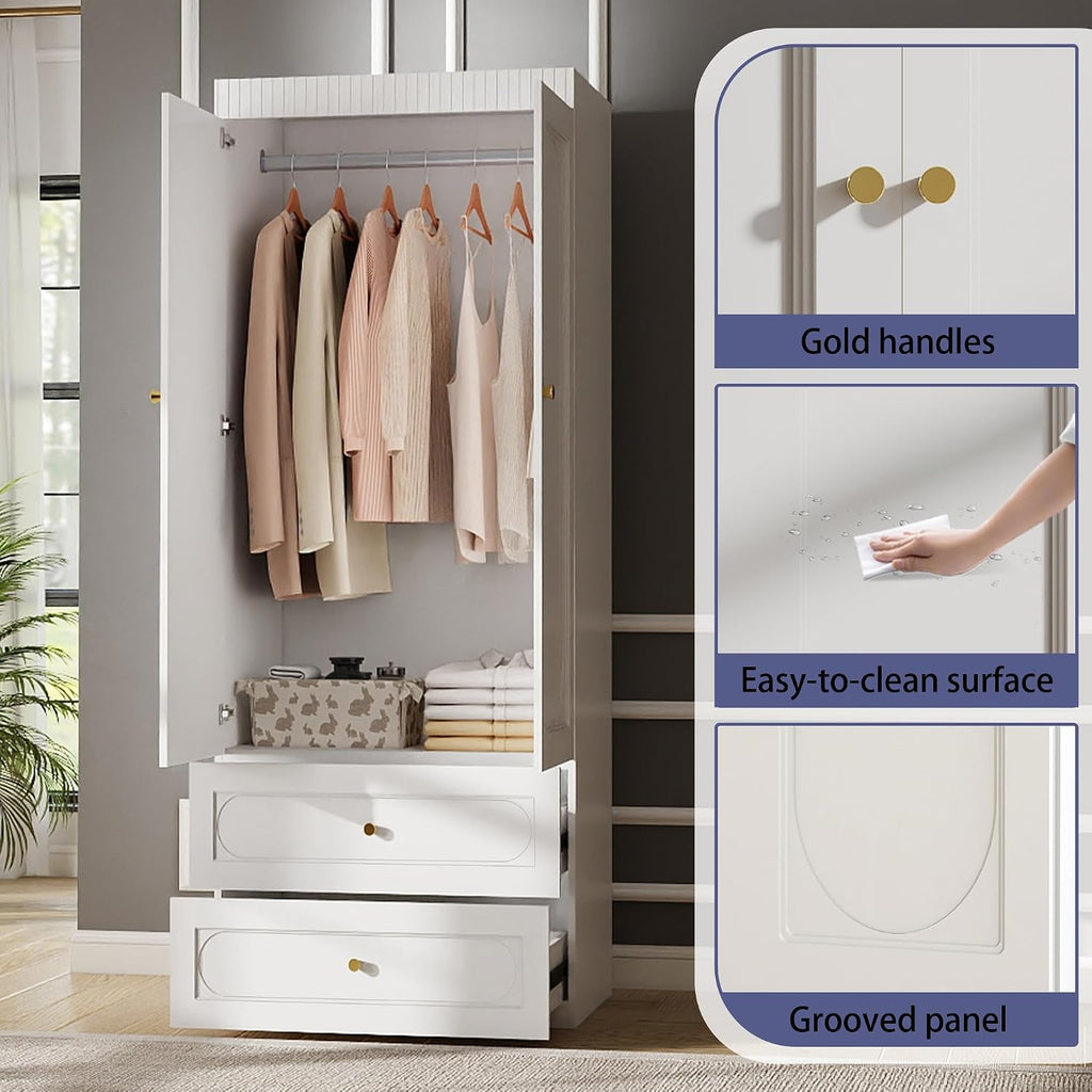 Bedroom Armoire Wardrobe Closet, 75" Tall Wardrobes Closet with 2 Drawers and 2 Doors, Wooden Clothes Cabinets