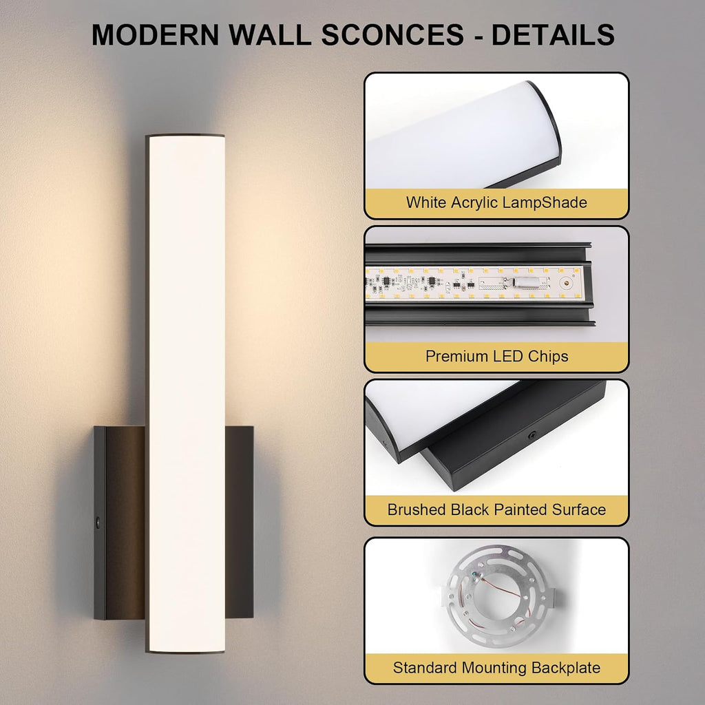 15.7 Inches Modern Bathroom Led Wall Sconces,18W 3000K Hardwired Wall Light with White Acrylic Lampshade,Indoor