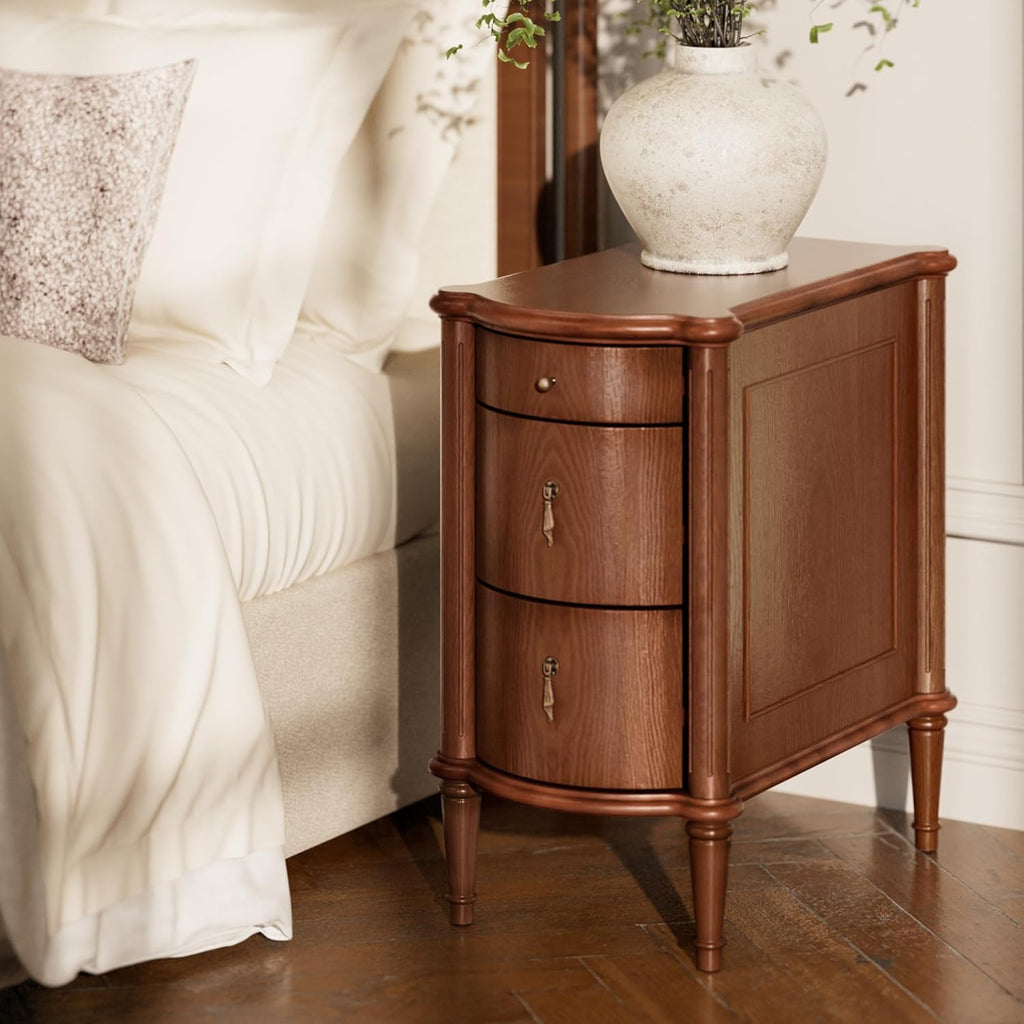 Nightstand w/Charging Station & 3 Drawers, Pre-Assembled, Vintage Side Table w/Antique-Finished Pulls, Rustic Wood