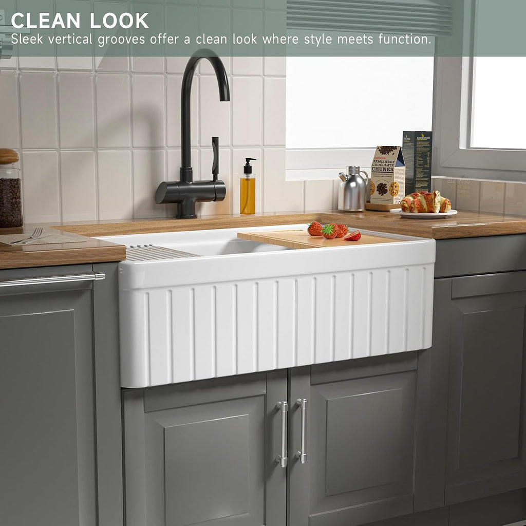 33 Inch Fireclay Farmhouse Sink White Fluted Apron Front Workstation | Heavy Duty Single Bowl Kitchen Sink, 33"W x
