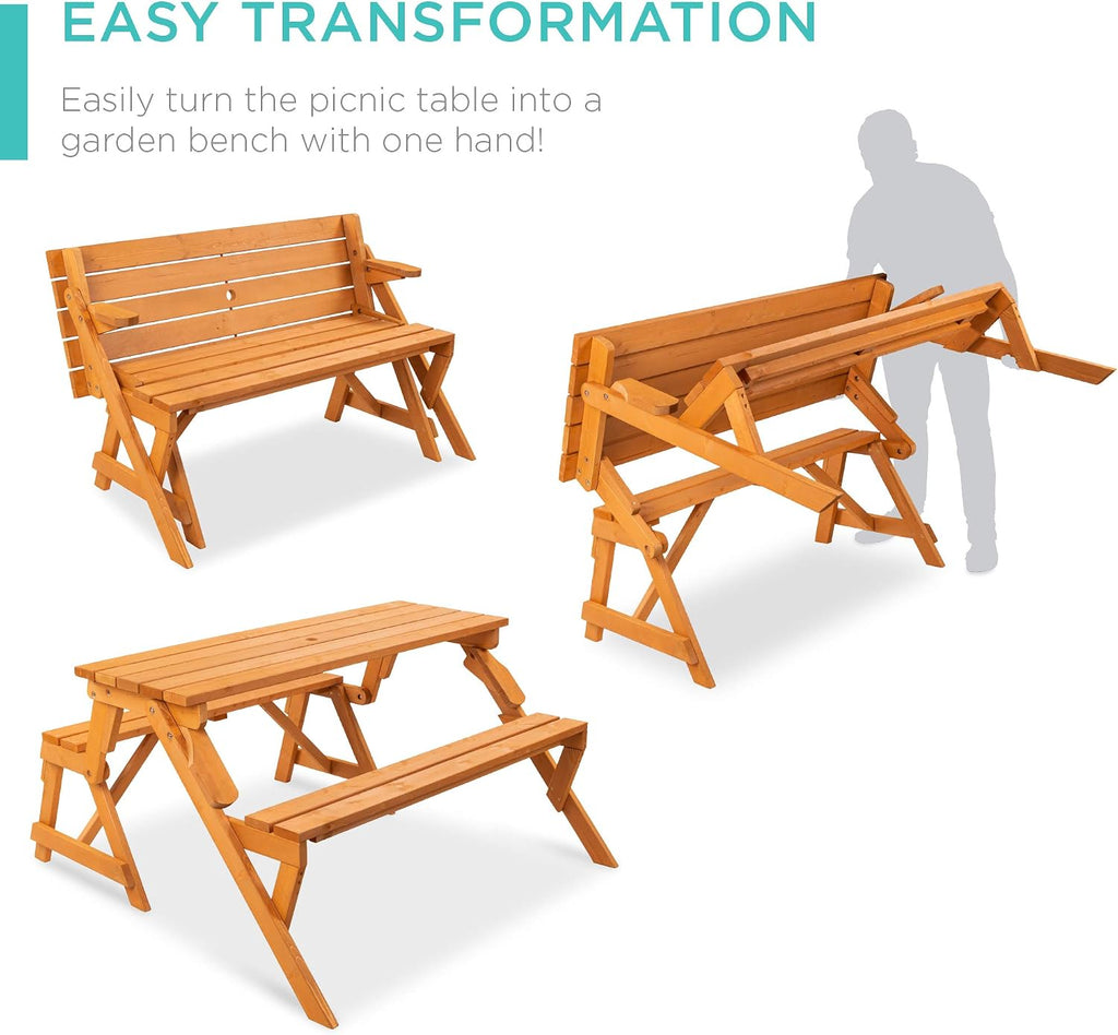 2-in-1 Transforming Interchangeable Outdoor Wooden Picnic Table Garden Bench for Backyard, Porch, Patio, Deck