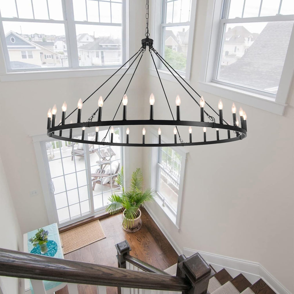 Inspired Camino Style Chandelier - Black Extra Large Wagon Wheel Chandelier, 60 inch 30 Lights Farmhouse Chandelier, Industrial Candle Round Pendant Light Fixture for High Ceiling Living Room Dining Room Entryway