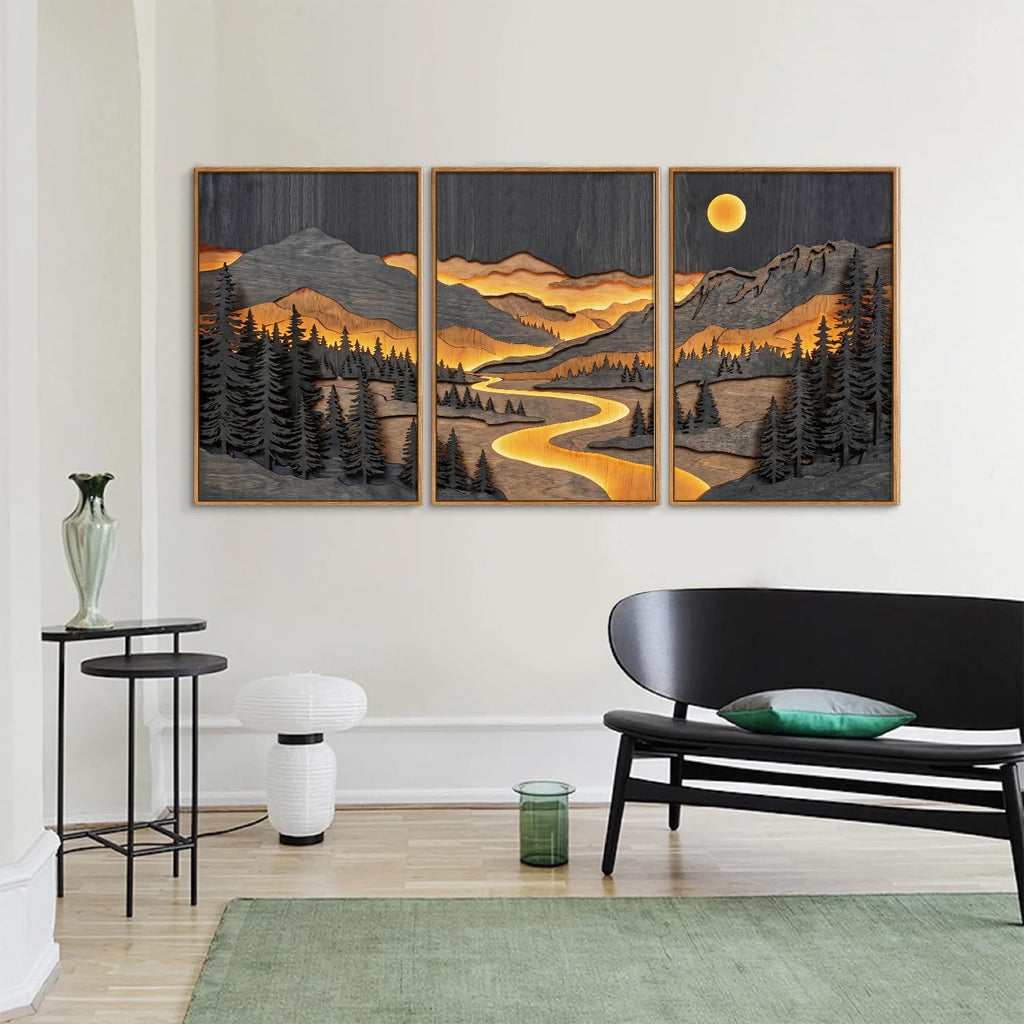 Dark Mountain Framed Canvas Wall Art, Rustic Nature Woodland Landscape Wall Decor, Woodcut Pine Trees Artwork, Retro