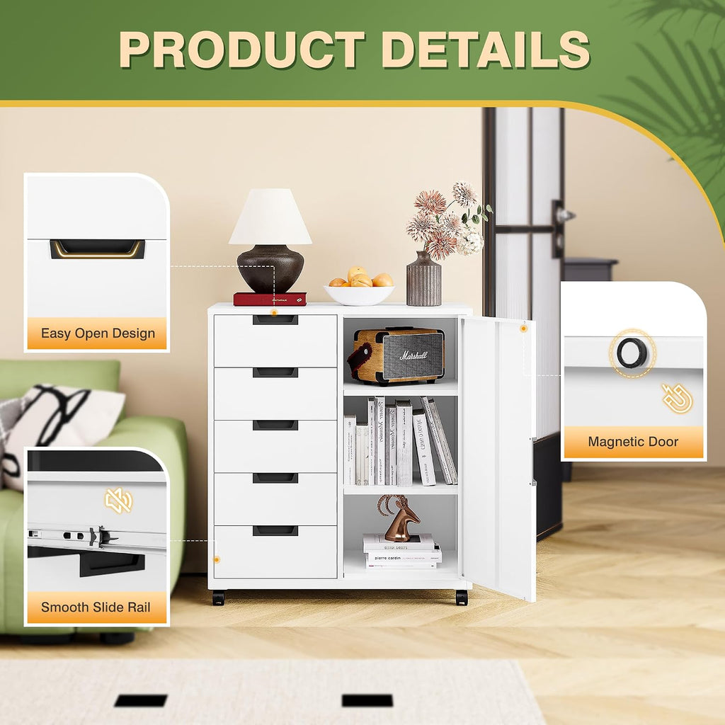 5-Drawer Metal Storage Cabinet with Adjustable Shelves and Wheels, Printer Stand with Storage, Craft Organizers and