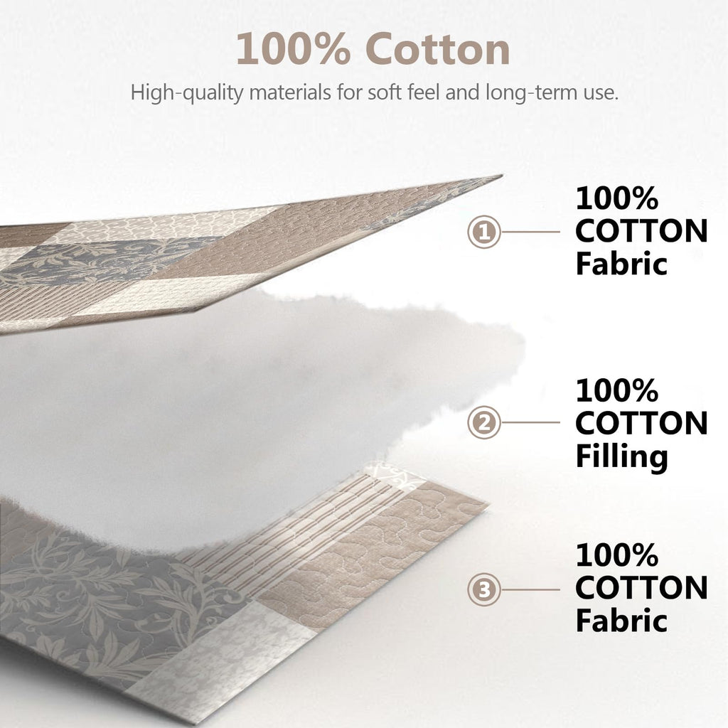 100% Cotton Quilt Set - Plaid Quilted Comforter, Patchwork Botanical Quilt Bedspread, Modern