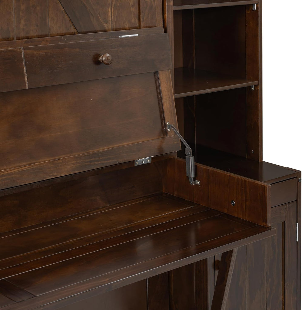 Queen Murphy Bed with Desk and LED Lights, Power Outlet, Foldable Murphy Cabinet Bed with Open Storage Shelves &