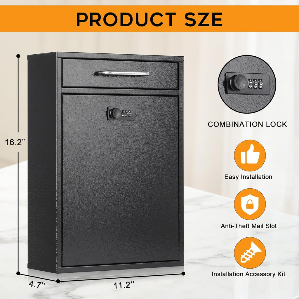 Wall Mount Mailboxes with Combination Lock, Wall Mail Box with Lock, Hanging Secured Postbox, Security Key Drop Box