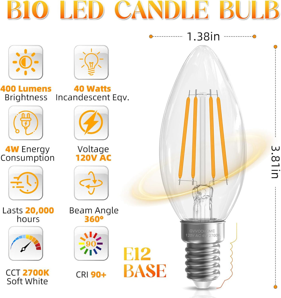 E12 Candelabra Bulb 40 watt Equivalent, E12 LED Bulb Non-Dimmable Chandelier Light Bulbs, B10 Candle Light Bulbs