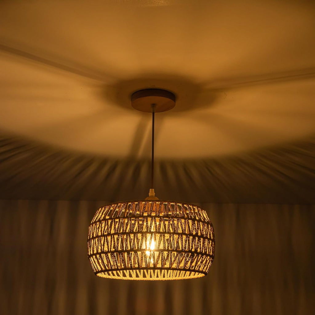 Rattan Pendant Light Fixture Ceiling Bohemian Chandelier Flush Mount Hanging Light 12.99-inch Small Woven Lamp Shade