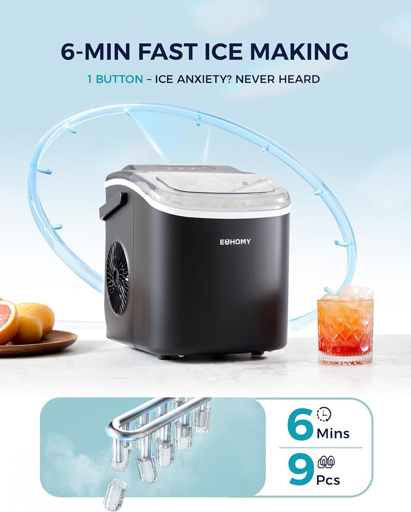 Countertop Ice Maker Machine with Handle, 26.5lbs Per Day, 9 Ice Cubes Ready in 6 Mins, Auto-Cleaning Portable Ice