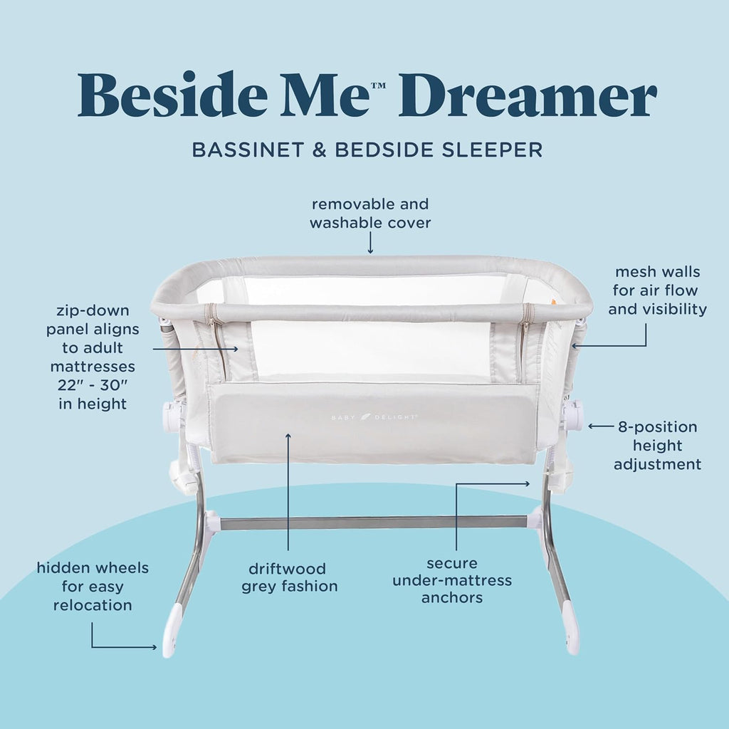 Beside Me Dreamer Bassinet | Bedside Sleeper | 7-Position Height Adjustment | Driftwood Grey