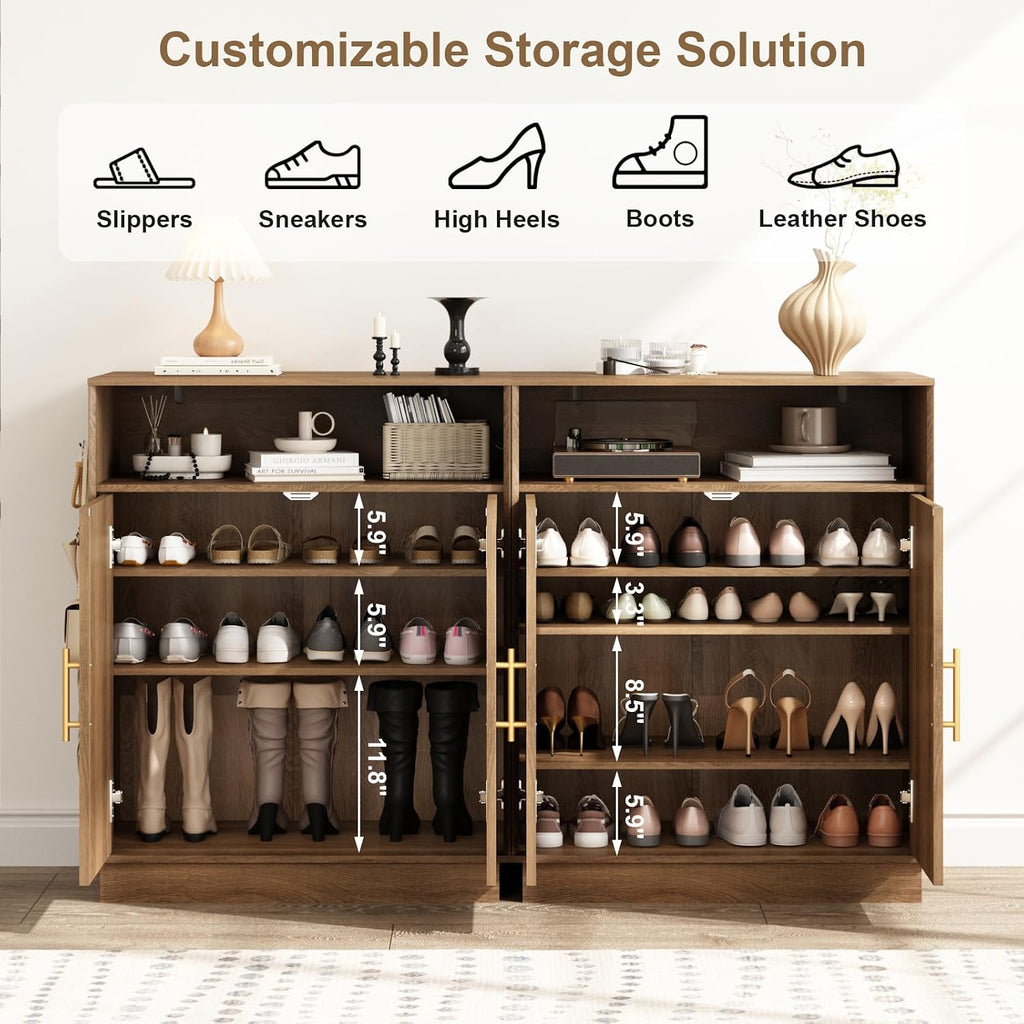 Rattan Shoe Storage Cabinet with 2 Arched Doors, 5-Tier Deep Shoe Organizer with Adjustable Shelves, Farmhouse Boho