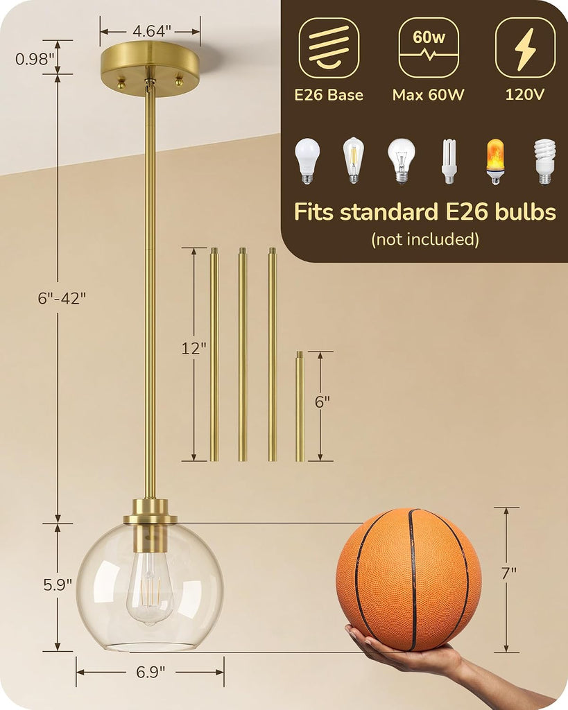 Pendant Light Fixtures 2 Pack with Clear Glass Globe Shade, Gold Kitchen Hanging Lighting Over Island, Hardwired