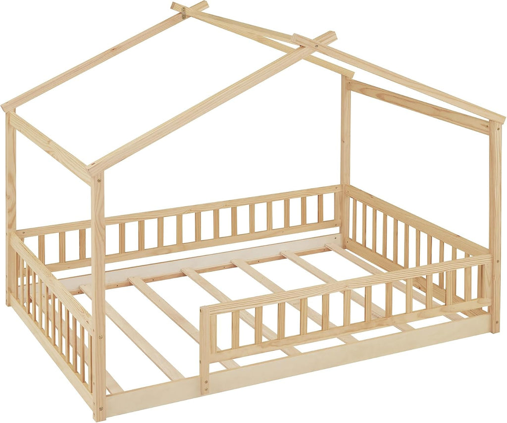 Full Size House Bed Frame, House Beds for Kids, Montessori Floor Bed with Fence, Playhouse for Kids,Full, Natural