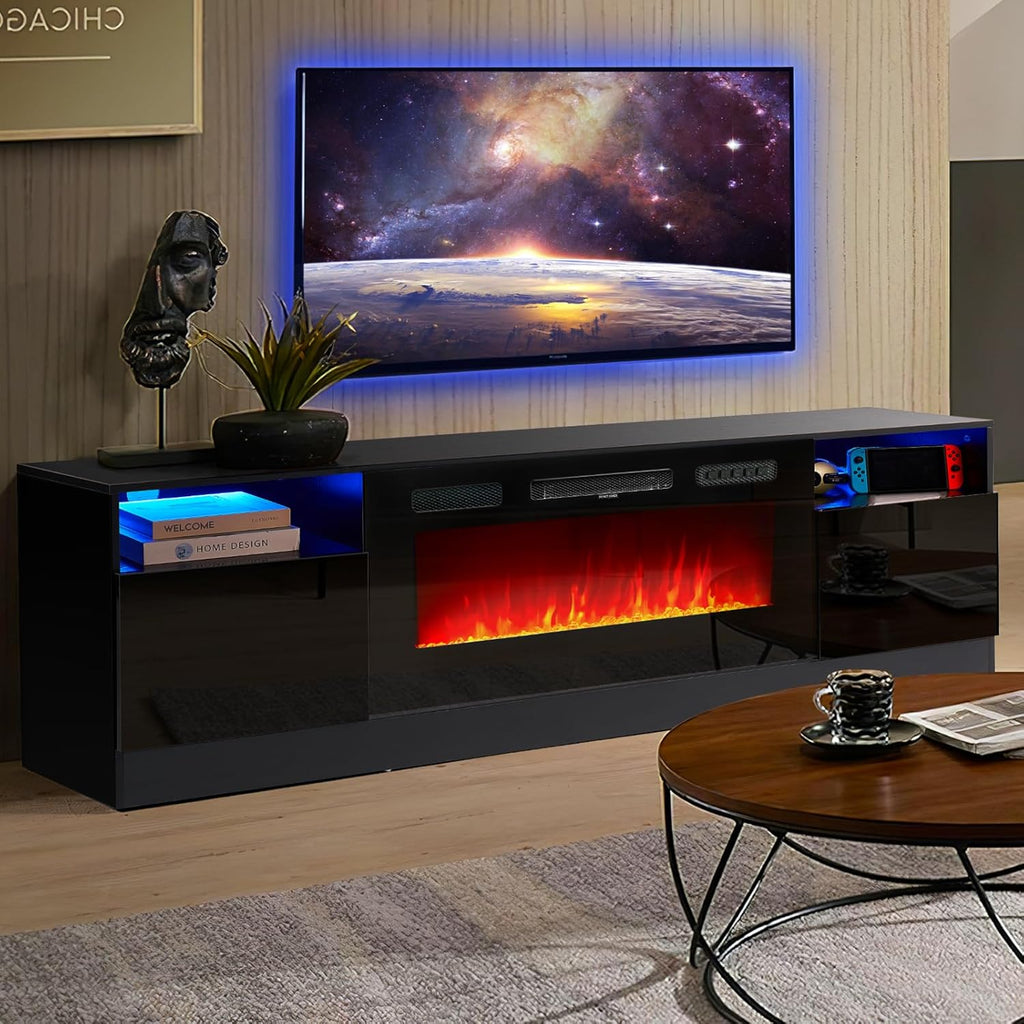 Fireplace TV Stand with 36" Electric Fireplace, LED Light Entertainment Center, Modern Wood Texture Entertainment Stand with Highlight Storage Cabinet for TVs Up to 80", 70 inches, Black