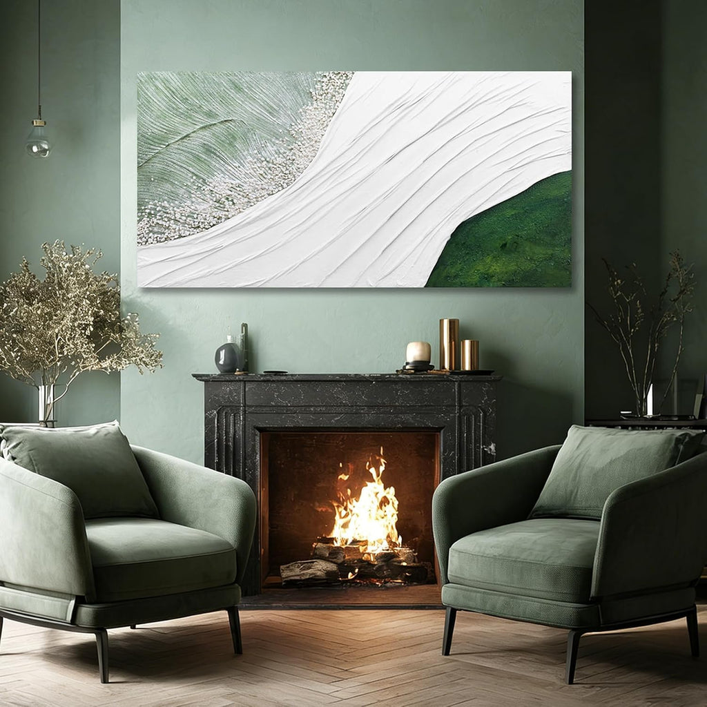 Contemporary Abstract Nature-Inspired Canvas Wall Art with White Flowing Lines and Green Accents, Minimalist Textured
