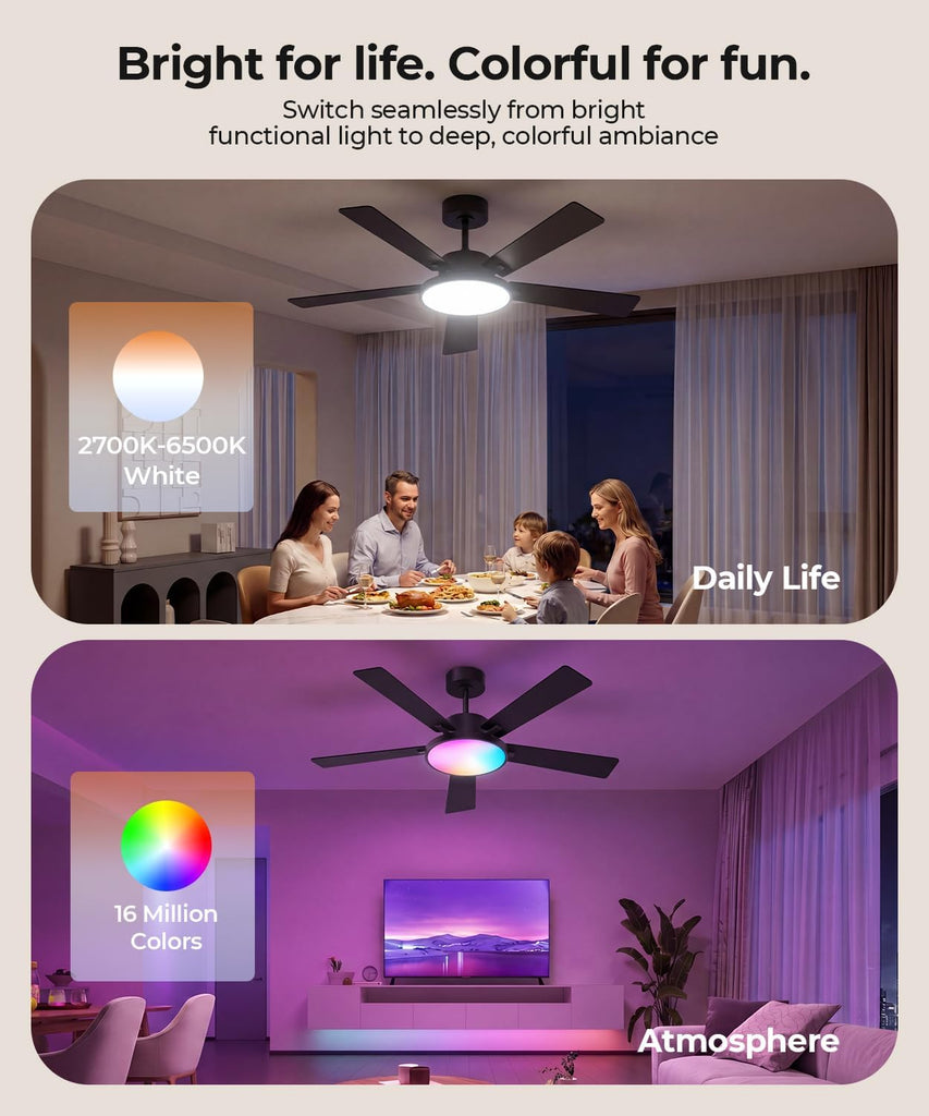 Ceiling Fan with Light,RGBCW Smart 52" Low Profile Ceiling Fan with Light and Remote,Alexa/Google/App Control