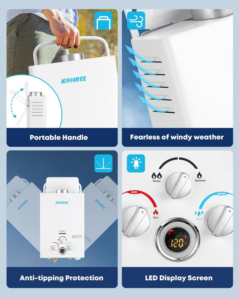 Tankless Water Heater Propane, 6L 1.58 GPM Portable Tankless Water Heater with Handle