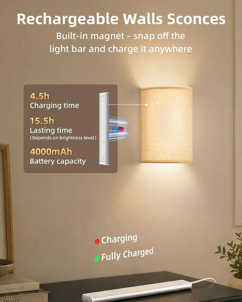 Battery Operated Wall Sconce, Rechargeable Wall Sconces Set of Two with Remote, 3 Color & 80 RGB Wireless Wall Mount