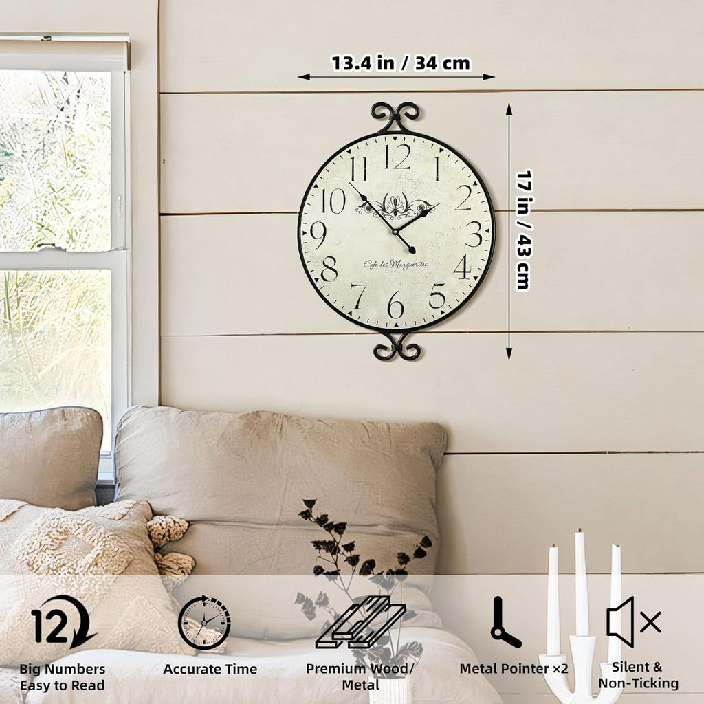 Farmhouse Wall Clock, 17H×13.4D Inch, Wrought Iron Frame with Warm Gray Finish