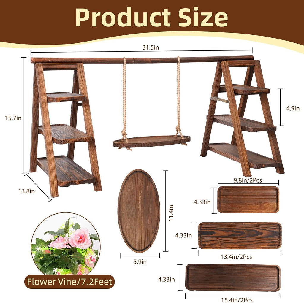 Wooden Cupcake Stand, 3 Tier Dessert Display Serving Tray with Swing and Flower Decoration, Foldable Tiered Ladders