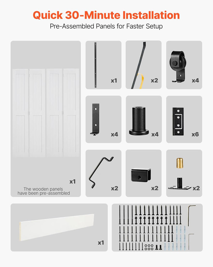 Bifold Barn Door, 48" x 84", MDF Bi-Fold Sliding Closet Doors, Header Board and Hardware Kit Include