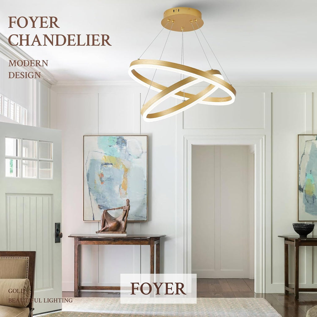 Modern LED Chandelier Gold 2-Rings Pendant Light Circular Flush Mount Ceiling Chandelier Lighting with Remote Control