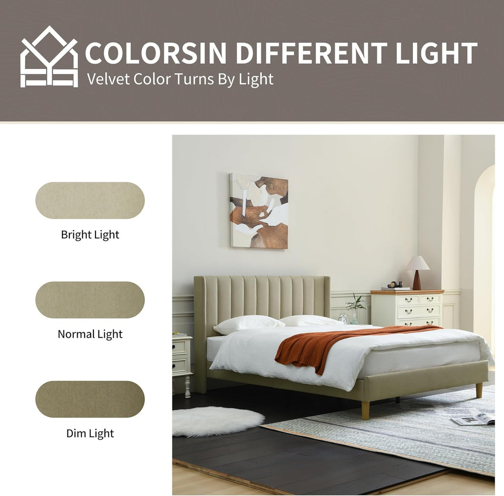 upholstered Platform Bed Frame/Queen Bed Frame/Modern Geometric Double-Wing Design headboard/Linen Fabric/Easy to Assemble no Noise (Beige, Queen (U.S. Standard))