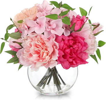 Artificial Flower in Vase, Faux Silk Flowers Arrangement Peony Hydrangea Poppy Eucalyptus Bouquet with Faux Water