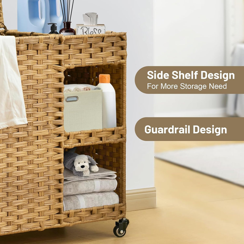 Laundry Hamper with Wheels, 42.3 Gal.(160 L) Laundry Sorter with Shelves, Rattan Clothes Hamper with 4 Removable