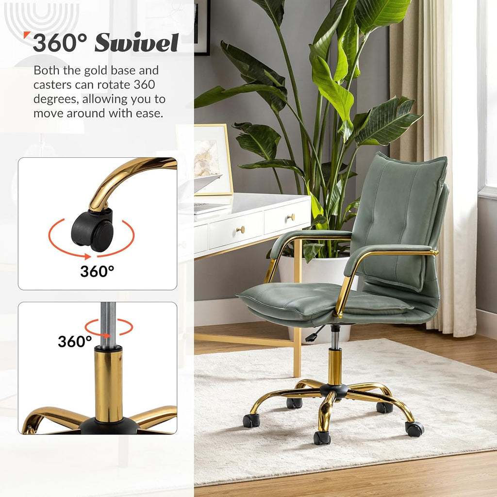 Faux Leather Home Office Desk Chair, Adjustable Swivel Computer Chair with Golden Legs and Arms, Comfy Upholstered