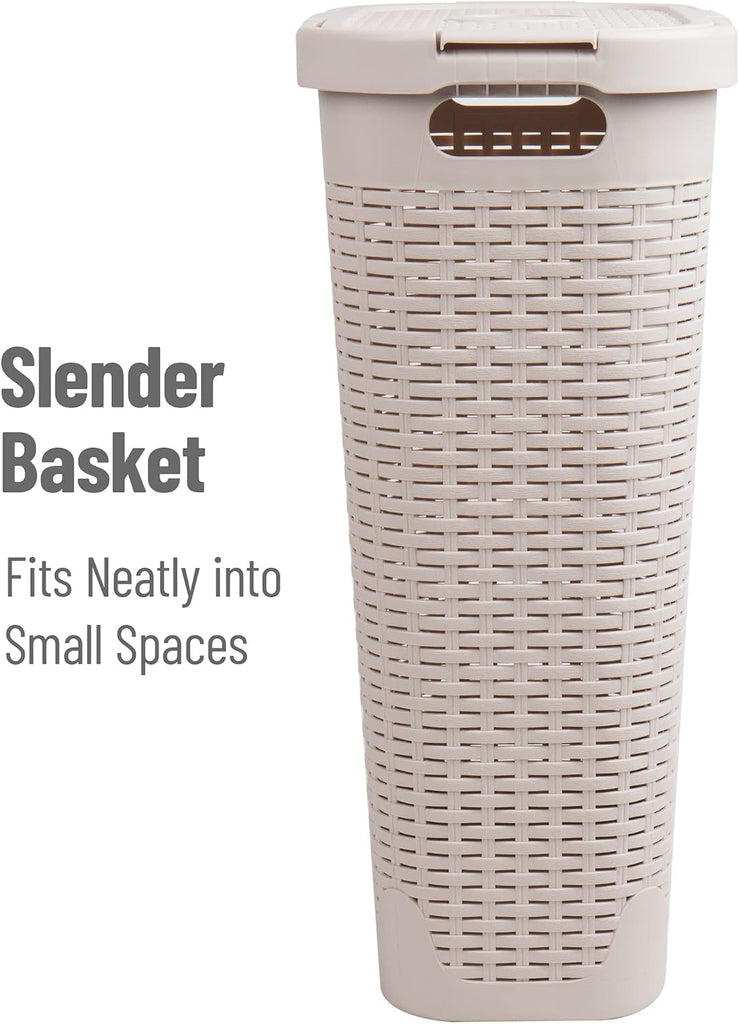 Slim Laundry Hamper with Lid, 40L Clothes Basket, Narrow Tapered Design with Ventilated Cutout Pattern, Plastic, Ivory
