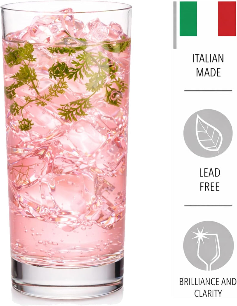 Highball Drinking Glasses, Italian Made Tall Glass Cups, Water Glasses Drinking Set, Cocktail Glasses - 14oz, Set of