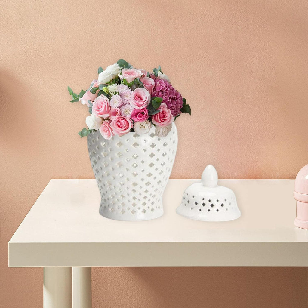 Ceramic Ginger Jar Display Lattice Hollow Vase Temple Storage Handicraft Ornament for Desktop Office Countertop Decor