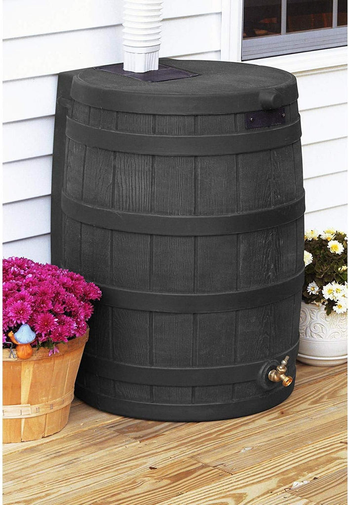 Rain Wizard 50 Gallon Water Collection Barrel & Soaker Hose | Black - Plastic Rain Barrel with Faux Wood Design