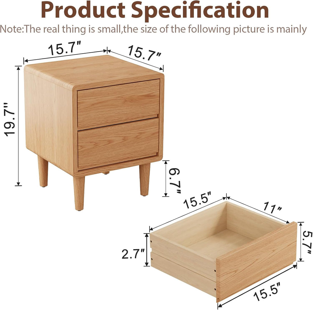 Solid Wood Nightstand Natural Night Stand with Drawers Mid Century Modern Nightstand with Storage,Wood Night