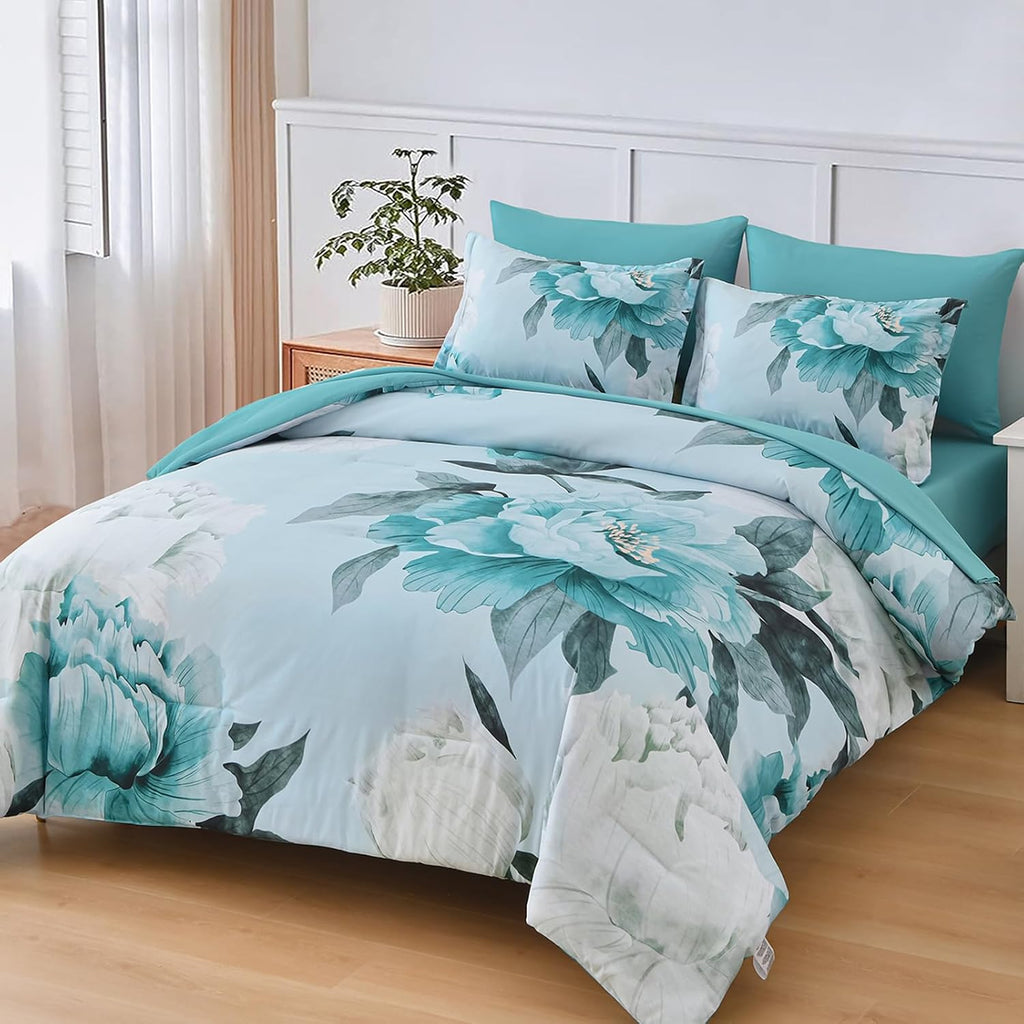 Floral Comforter Set Queen 7 Piece Bed in a Bag, Aqua Flowers Printed on Light Blue Comforter Set with Sheets, Soft - Set of 7
